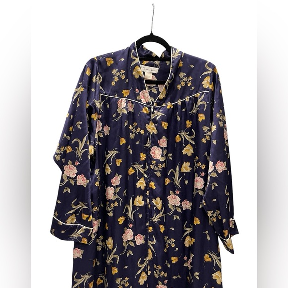 Christian Dior Vintage Silk Satin Flower Nightgown Pajamas Kimono Robe Blue - Picture 2 of 9